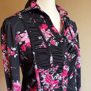 Denver Hayes black button down shirt pink flowers, ruching along button …